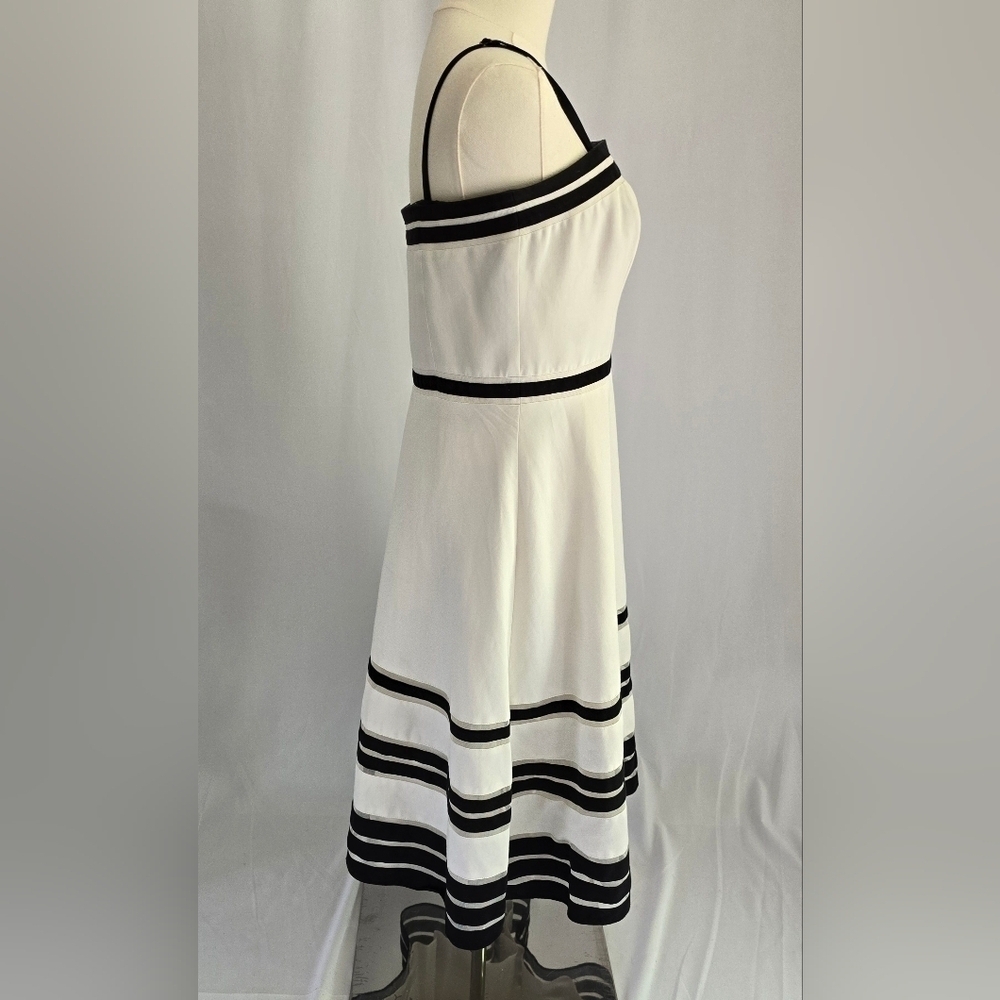 Ann Taylor Silk-Blend Strapless Fit & Flare White Dress Black Stripes Sz. 8 - Picture 6 of 12